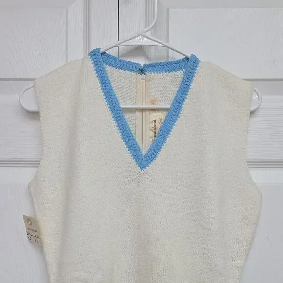 Vintage 1970s Hamton Court Tennis Skirt Cream/White And Blue Pleated Knitted NWT - Picture 2 of 10